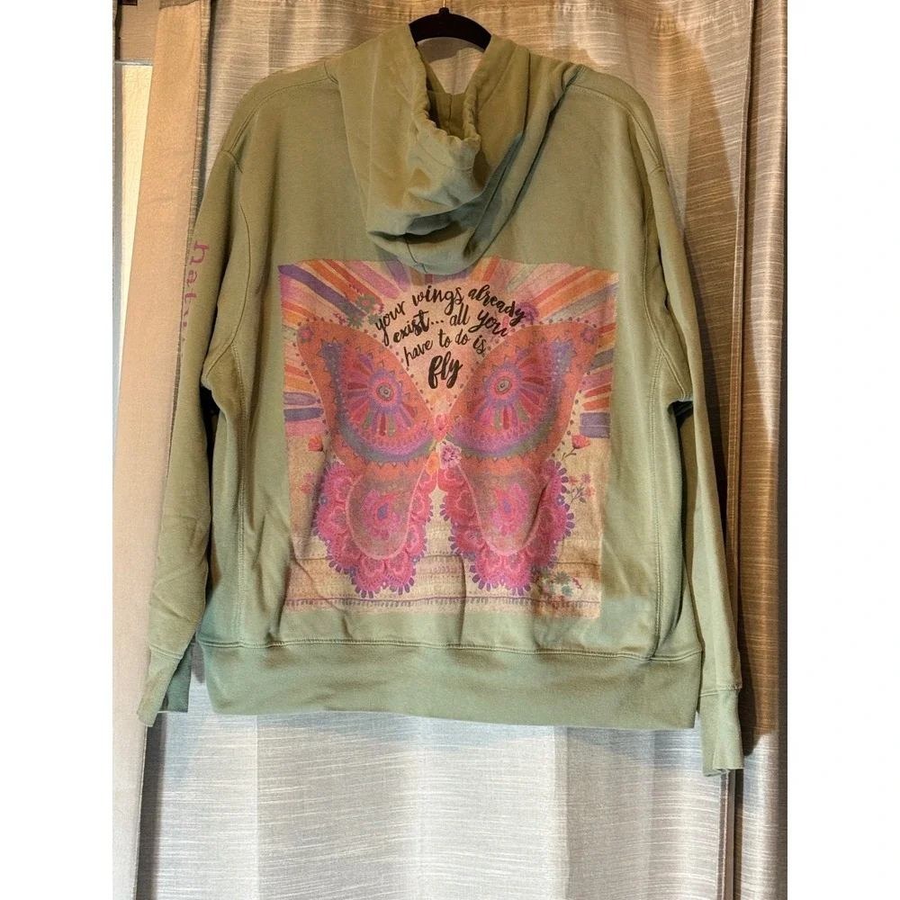 Natural Life Sage Green Butterfly Graphic Hoodie Sweatshirt Sz M Oversized Boho